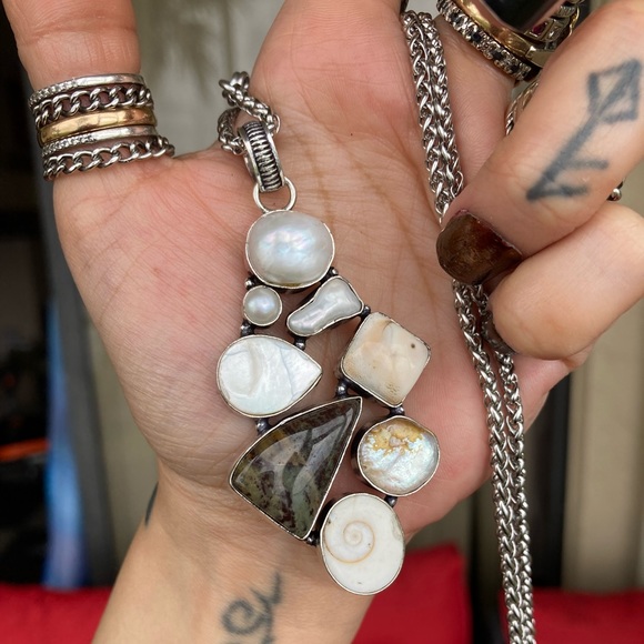 925 sterling silver overlay charm Pearl abalone fossil shiva eye shell necklace. - Picture 9 of 11